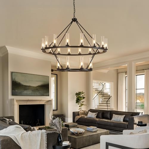 48 Inch Large Black Wagon Wheel Chandelier with Clear Glass Shade 2 Tier 24