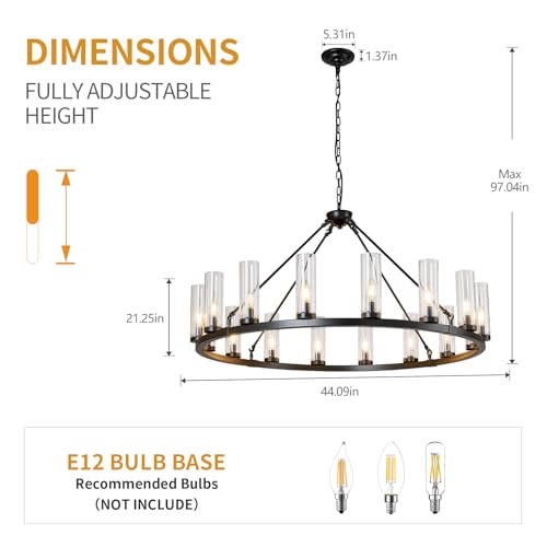 16 Light Large Wagon Wheel Chandelier with Clear Glass Shade Black Round Pendant Light Farmhouse Industrial Chandeliers Dining Room Light Fixture for Stair Living Room Foyer Kitchen