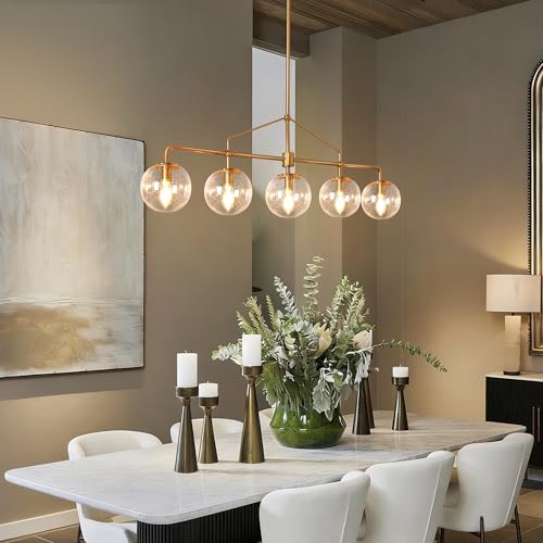 Modern Gold Linear Chandelier 5 Lights Dining Room Chandelier Over Table