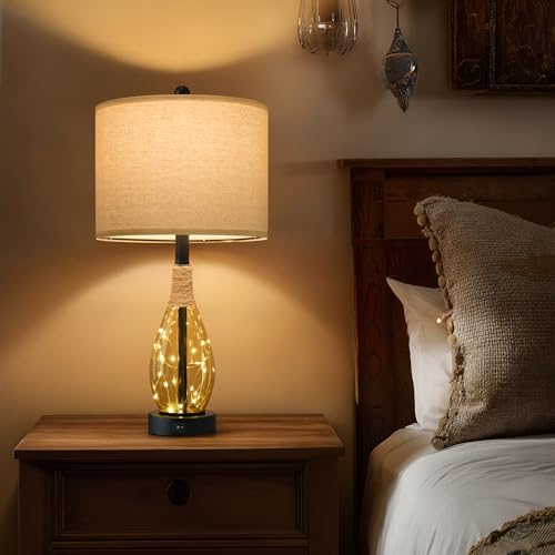 23" Table Lamps for Living Room Set of 2 Bedside Lamps for Night Stands Bedroom Lamps Farmhouse Rattan Boho Lamp Glass Nightlight End Table Lamp