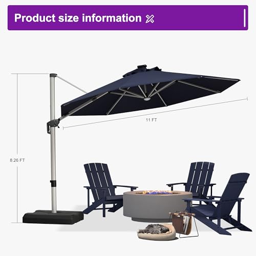 Cantilever Patio Umbrella 11ft Round Solar LED Light
