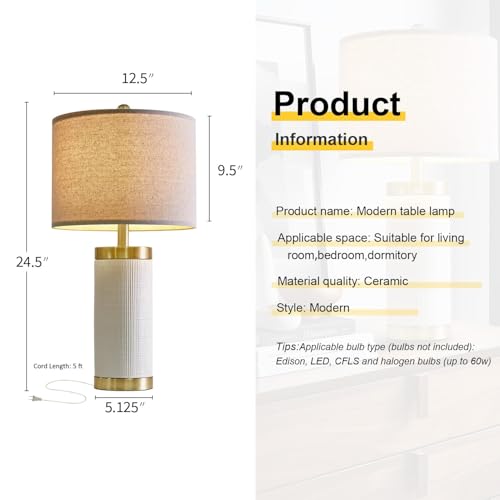 24.5" Modern Ceramic White Bedside Lamp for Bedroom Decor Farmhouse Table Lamp for Living Room Office Dorm (2 Count)