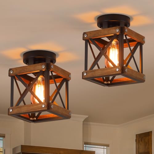 2 Pack Rustic Farmhouse Wood Flush Mount Ceiling Light Fixture Oak Wood and Metal Square Cage Small Semi Flush Mount Ceiling Light for Kitchen Hallway Entry Country Farmhouse (2 Count)
