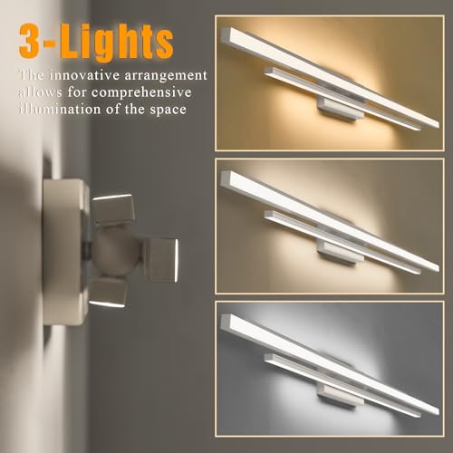 48 Inches Long Nickel LED Modern Bathroom Vanity Light Fixtures 25W Dimmable 5CCT Vanity Light Bar Over Mirror 3