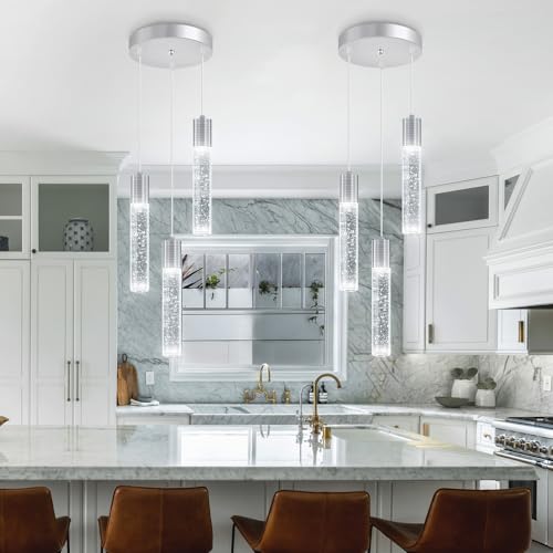 3 Lights Pendants Light for Kitchen Island Chandeliers Dining Room Pendant Lighting Fixture Bubble Crystal Ceiling Hanging Lights Bedroom Island Kitchen 6000K White Light Fixtures Chrome