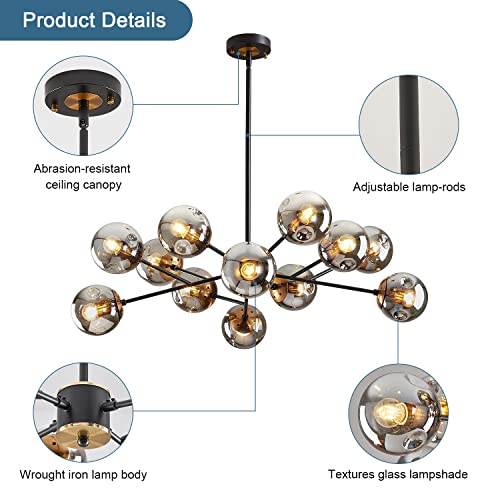 12 Light Mid Century Modern Black and Gold Glass Globe Sputnik Chandelier