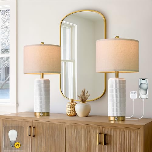Stone Like Ceramic Table Lamps with USB Ports for Bedroom (2 Count)