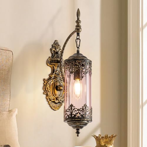 Antique Gothic Pink Glass Wall Sconce for Bedroom