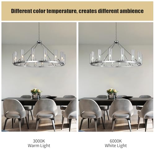 16 Light Large Wagon Wheel Chandelier with Clear Glass Shade Chrome Round Pendant Light Farmhouse Industrial Chandeliers Dining Room Light Fixture for Stair Living Room Foyer Kitchen