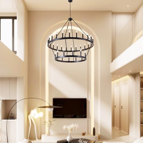 Rustic Farmhouse Black Wagon Wheel Chandelier Large Chandeliers for High Ceilings 2 Tier 36 Lights 48 Inch for Dining Room Living Room Foyer Porch Kitchen Island