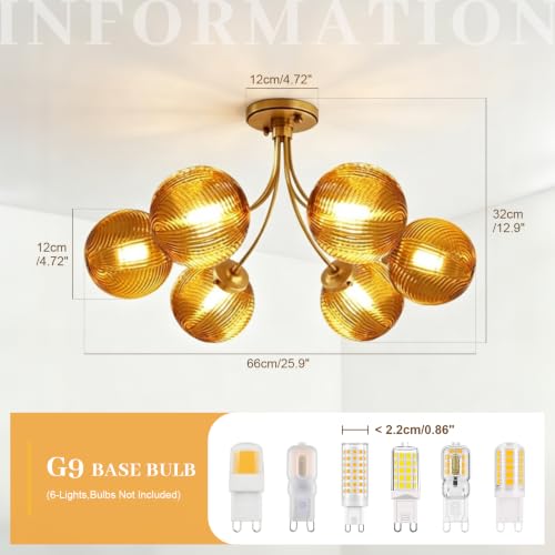 6 Light Amber Glass Close to Ceiling Chandelier Flush Mount Light