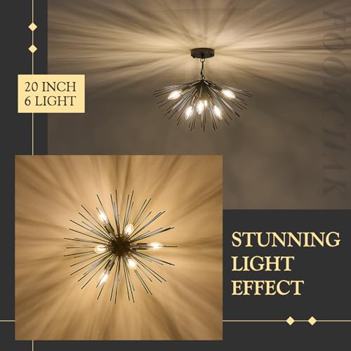 Black Sputnik Ceiling Light 6 Light Starburst Light Fixture Solid Metal