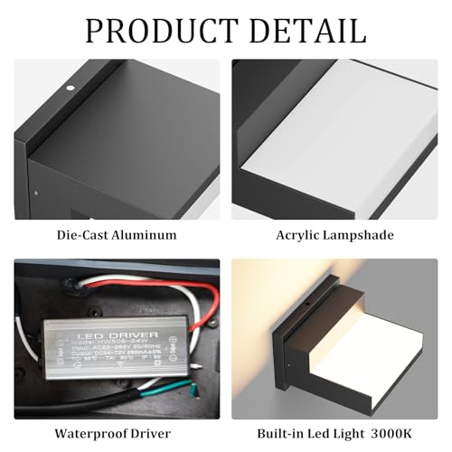 2 Pack Modern Outdoor Wall Light 3000K Aluminum LED Exterior Wall Sconces IP65 Waterproof for Patio Porch (2 Count)