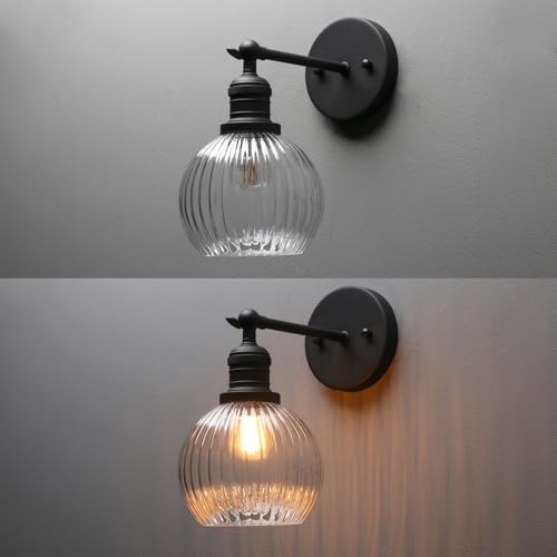 Vintage Wall Sconce Indoor Adjustable Wall Sconce with Ribbed Globe Glass Shade Black Wall Light Fixtures for Hallway Bathroom Kitchen Living Room