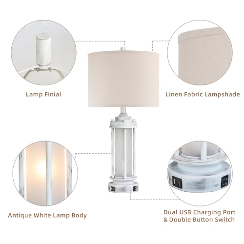 25" Set of 2 Antique White Rustic Table Lamps 2 USB C+A Ports (2 Count)