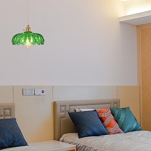 Grass Green Glass Pendant Light Fixtures Medium 9.8 Inches Lampshade Gold Brass Finish and Switch Vintage Pendant Ceiling Lamp Copper Pendant Lighting