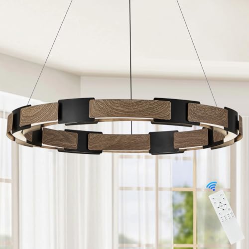 LED Ring Chandelier Dimmable Black Wood Chandeliers for Dining Room