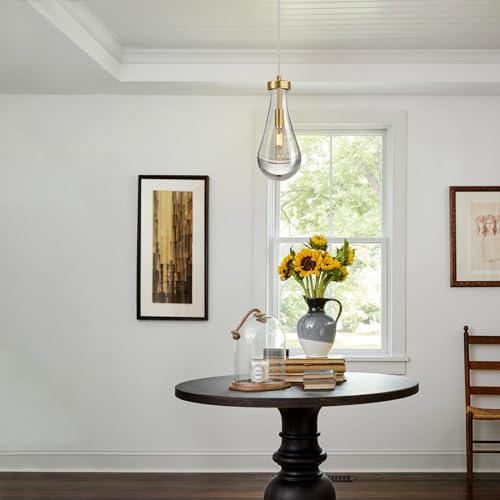 Raindrop Pendant Lights Kitchen Island Set of 3 Teardrop Gold Hanging Light Fixtures Clear Solid Glass Pendant Light Modern Chandeliers for Dining Room Porch Corridor Living Room… (3 Count)