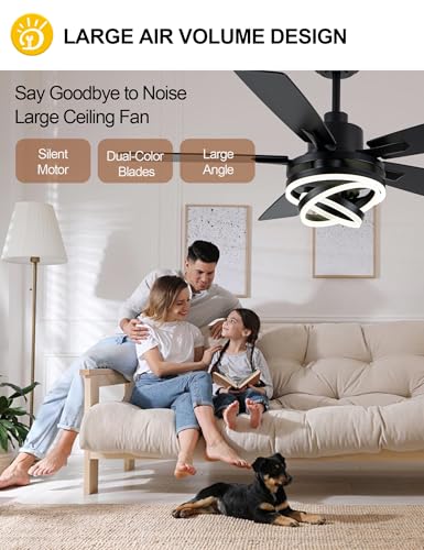 52 Inch Black Modern Ceiling Fans with Lights Chandelier Fan