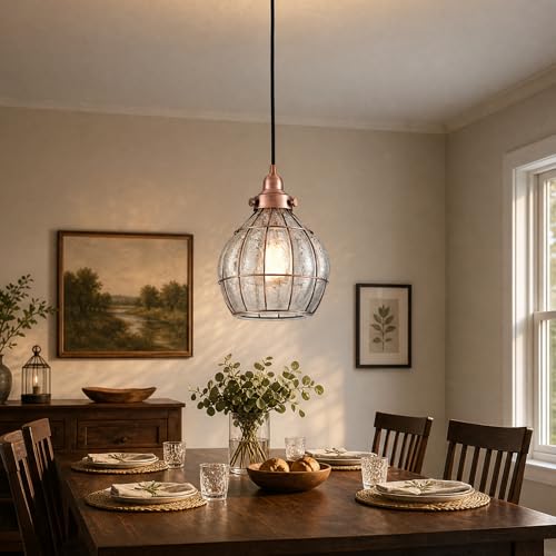 Kitchen Pendant Light Red Antique Copper with Cracked Glass Shade