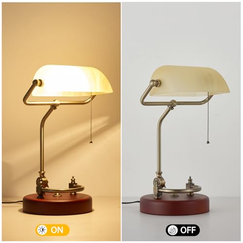 Bankers Lamp Traditional White Glass Desk Lamp Solid Wood Pull Chain Switch