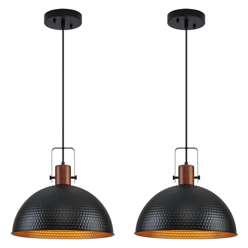16 Inch Black Pendant Lights Hammered Matte Pendant Lights for Kitchen Island Industrial Farmhouse Adjustable Height Dome Hanging Light Fixtures for Barn (2 Count)