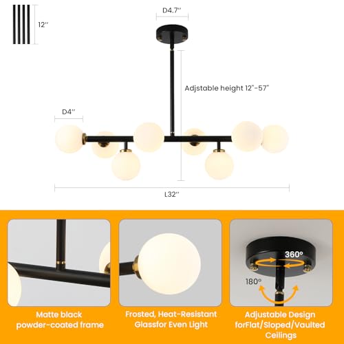 Sputnik Black and Gold Chandelier Pendant Linear Light Modern Mid Century Light Fixture White Globe Shade for Dining Living Room Kitchen Island 8