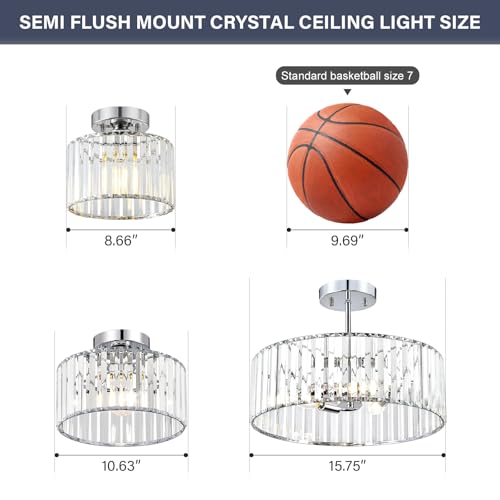 Crystal Chrome Semi Flush Ceiling Light 8.66 Inch