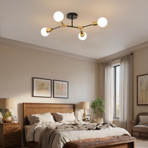 Modern Gold and Black Sputnik Semi Flush Mount Ceiling Light Fixture