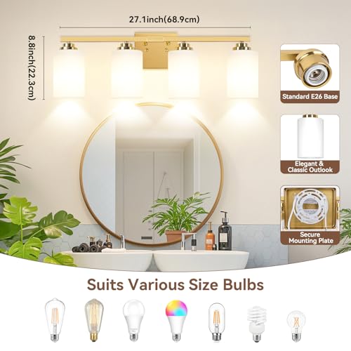 4 Light Gold Bathroom Light Fixtures Over Mirror 27 Inches