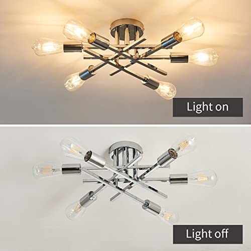 6 Lights Semi Flush Mount Ceiling Light Fixture Modern Chrome Matte Sputnik Chandelier Farmhouse Ceiling Lighting for Kitchen Bedroom Dining Room Living Room