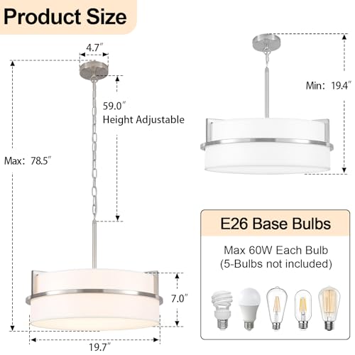 19.7" Drum Chandeliers Brushed Nickel Chandelier with Round Linen Shade