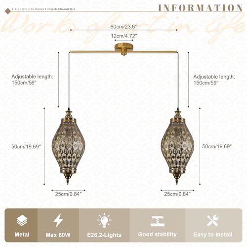 2 Light Linear Pendant Retro Metal Hanging Chandelier Brushed Brass
