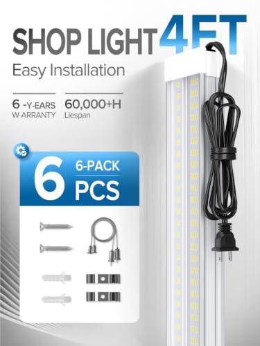 Upgrade Super Bright 6 Pack 60W LED Shop Lights 4FT 9000LM 5000K for Shop (6 Count)
