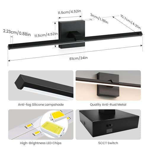 Black Bathroom Vanity Light 24 Inch Modern Bathroom Light Fixtures Over Mirror 18W Dimmable 5CCT LED Vanity Light Bar for Bathroom Mirror Cabinets Bedroom