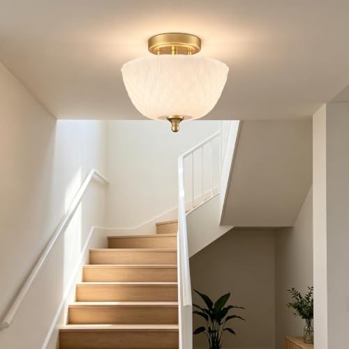 Semi Flush Mount Ceiling Light with Diamond Embossed Frosted Glass Shade