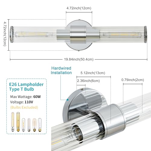 Hardwired Chrome Bathroom Vanity Light Threaded Glass Wall Sconce