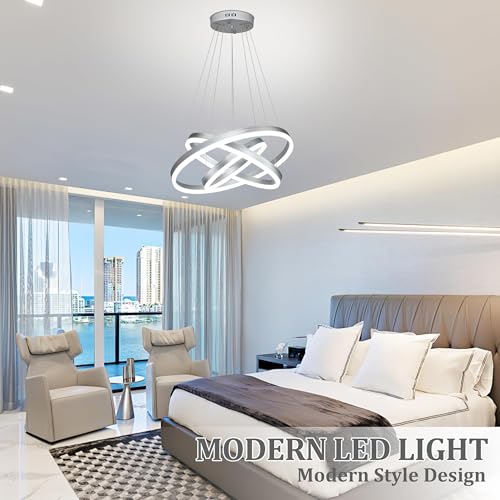 Modern Sliver Led Chandelier 3 Rings Pendant Lights Dimmable Chandeliers Color Temperature Height Adjustable Sliver Chandelier Led Pendant Light for Dining Room Bedroom Entryway Living Room