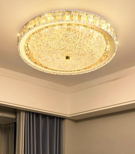 19.6" Modern Crystal Chandelier Dimmable LED Flush Mount Ceiling Light with Remote Control for Living Room Dining Room Bedroom Hallway Foyer Gold