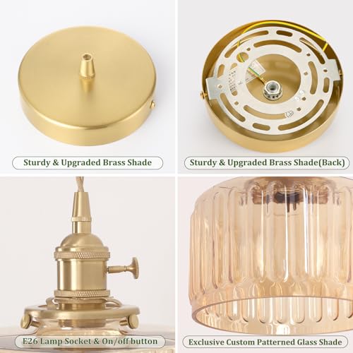 Battery Operated Pendant Light 5000mAh Rechargeable Chandelier with Remote Control Wireless Adjustable Hanging Amber Striped Light for Kitchen Island Dining Room Hallway (2 Count)