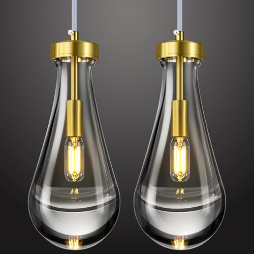 Raindrop Pendant Lights Kitchen Island Set of 2 Teardrop Gold Hanging Light Fixtures Clear Solid Glass Pendant Light Modern Chandeliers for Dining Room Porch Corridor Living Room… (2 Count)