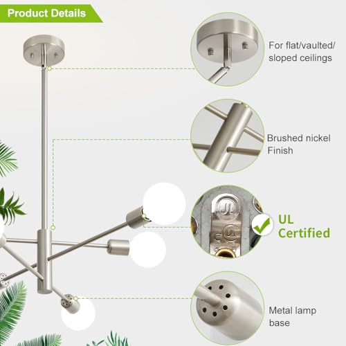 Chandeliers for Dining Room Brushed Nickel 6Light Modern Kitchen Chandelier | Sputnik Ceiling Light Fixture, UL Certified, E26 Base 60W Max, Height Adjustable, Dimmable Mid Century Style for Living Room