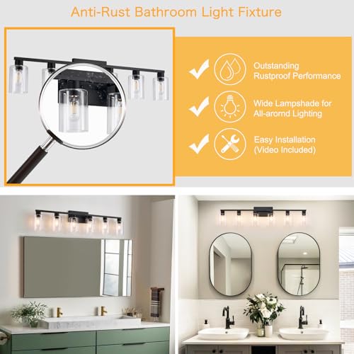 6 Light Bathroom Vanity Light Black Vanity Lights for Bathroom Light Fixtures Matte Black 6 Light Fixtures with Clear Glass Shades for Bath Over Mirror