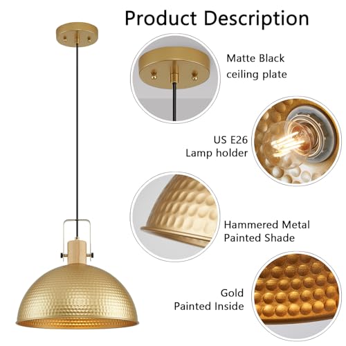 16 Inch Gold Pendant Lights Hammered Matte Pendant Lights for Kitchen Island Industrial Farmhouse Adjustable Height Dome Hanging Light Fixtures for Barn