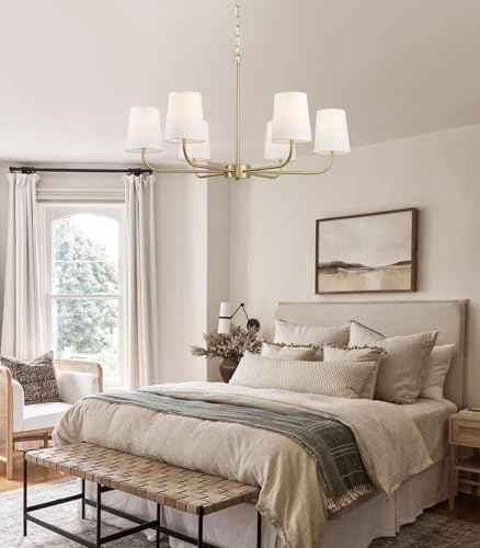 6-Light Brushed Gold Pendant Chandelier with White Linen Shades, E12 Base - Farmhouse & Industrial Style for Kitchen, Living Room, Dining Room, or Bedroom Lighting