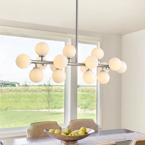 39'' Brushed Nickel and Milky White Mid Century Modern Pendant Lights Dimmable Glass Globe Sputnik Chandelier 16 Lights Linear Chandelier Light Fixtures for Kitchen Island Dining Room