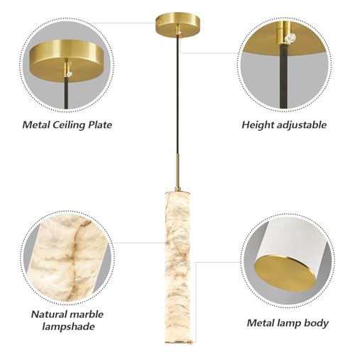 Natural Alabaster Pendant Lights for Kitchen Island White Marble Long Tube Chandelier 4000K Modern Gold Ceiling Light Fixtures for Bedroom Dining Room Table Living Room Hallway