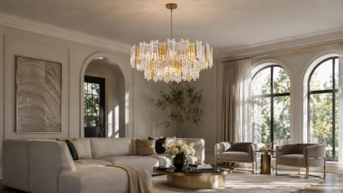 40 Inch Amber & Clear Ice Crack Crystal Glass Chandelier