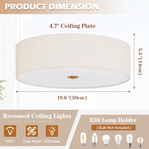 20" Modern Fabric Ceiling Light Gold Classic Drum Light Fixture 5