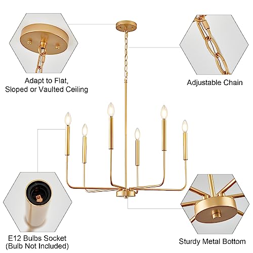 Modern Gold Chandelier for Dining Room,Metal 6-Light Kitchen Light Fixtures,Farmhouse Candle Hanging Pendant Light for Living Room Entryway Foyer Bedroom (Bulb Not Included)